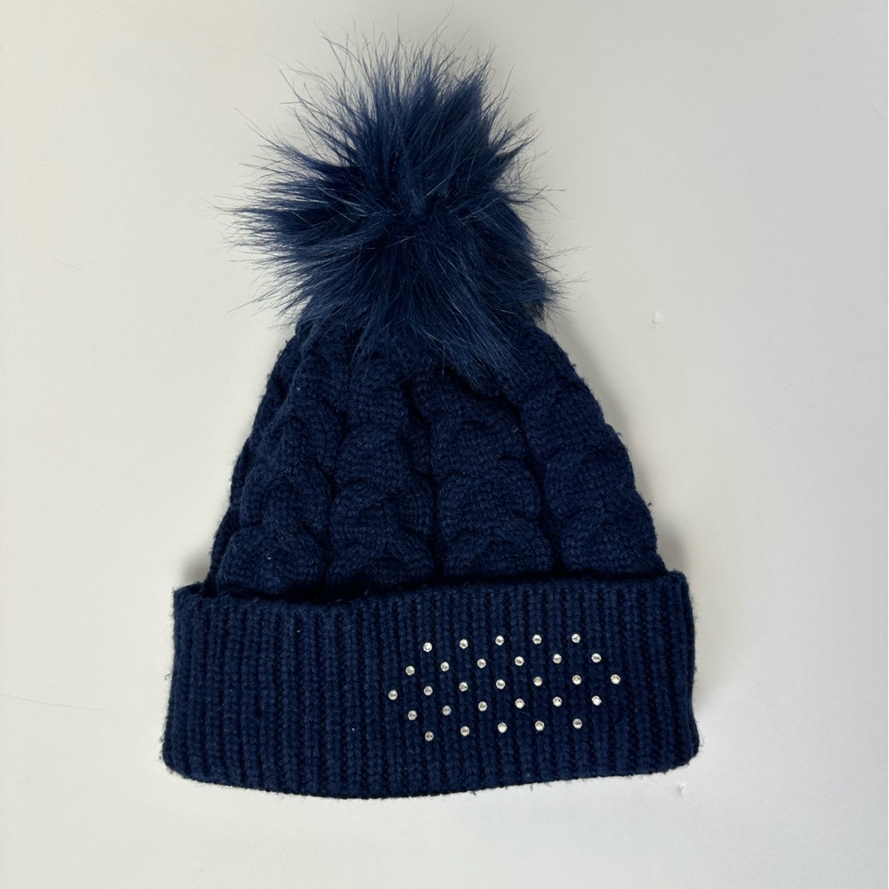 Swarovski Navy Blue Knit Hat with Pom and Crystal Accents